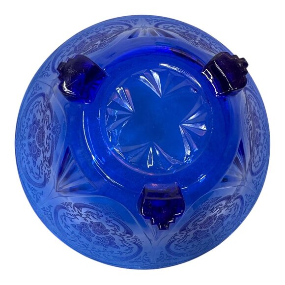 Vintage Hazel Atlas Royal Lace Cobalt Blue Etched Glass Footed Bowl 10" Serving - Picture 3 of 6